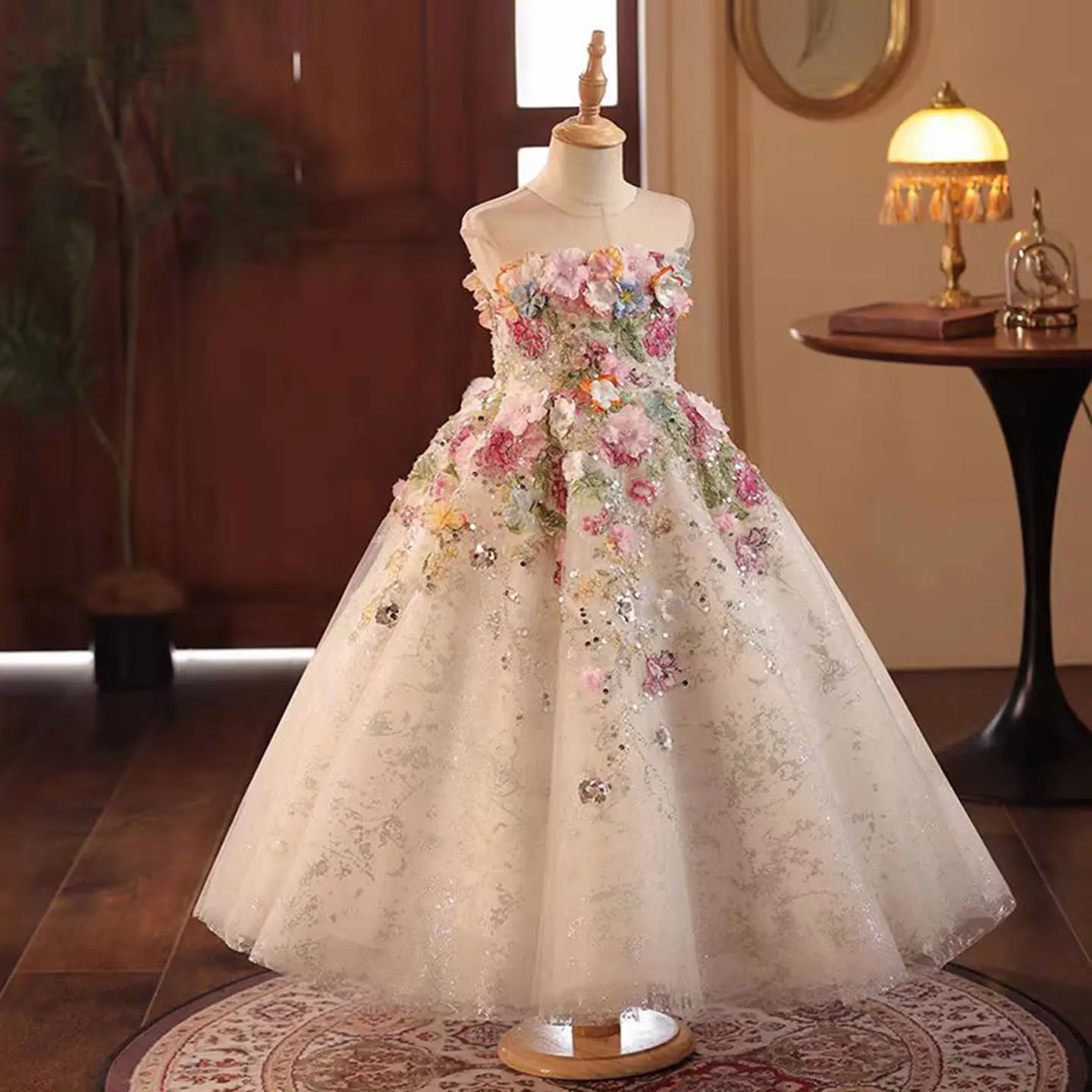 Jill Wish-Robe florale de luxe pour filles, longue, faite à la main, avec perles, pour princesse, mariage, fête d'anniversaire, quel que soit le modèle J292