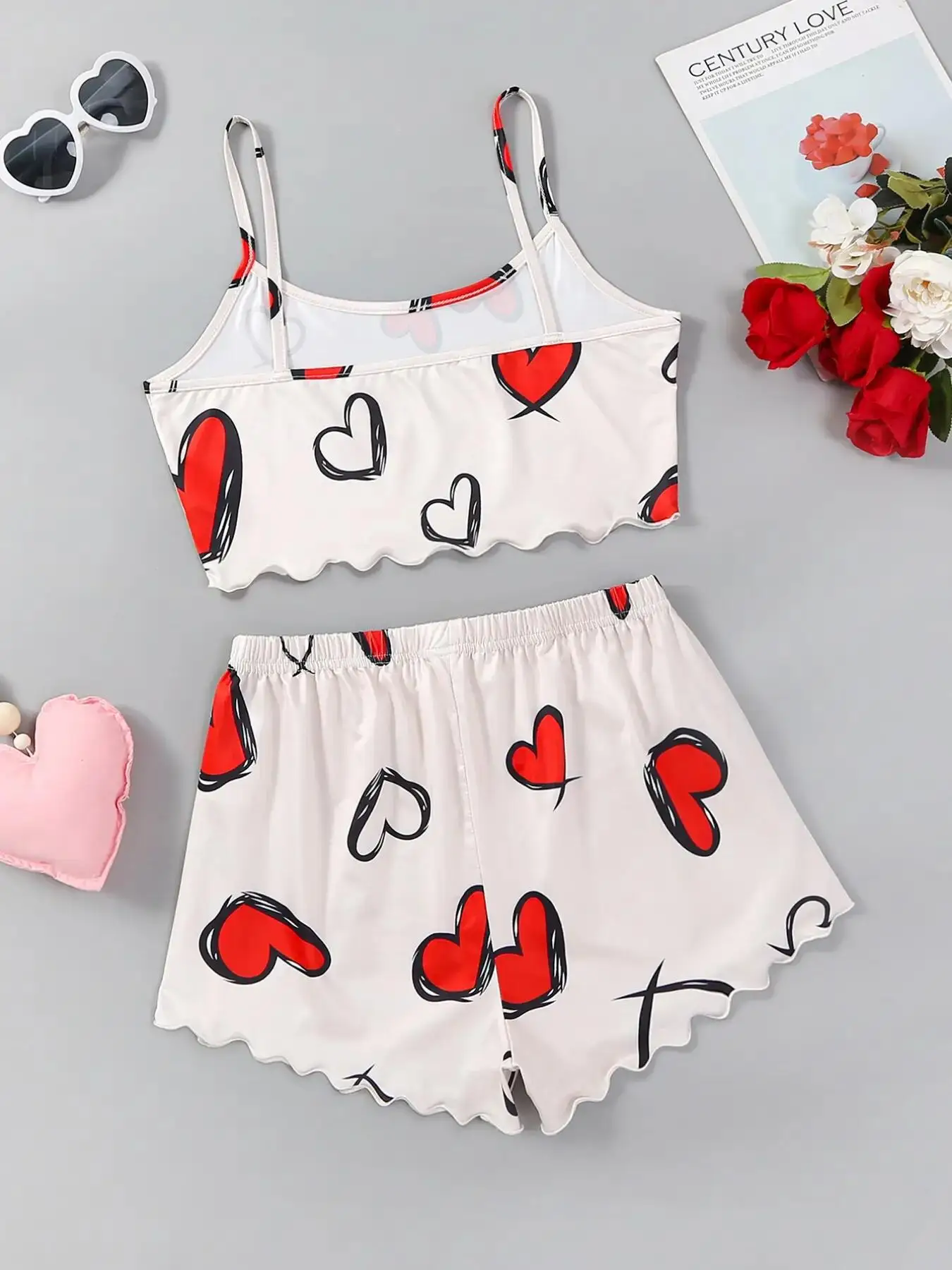 New Women\'s Pajamas Sexy Heart Print Sling Sleepwear Set  V-Neck Pyjamas Female Homewear Sleeveless Cute  Top And Shorts