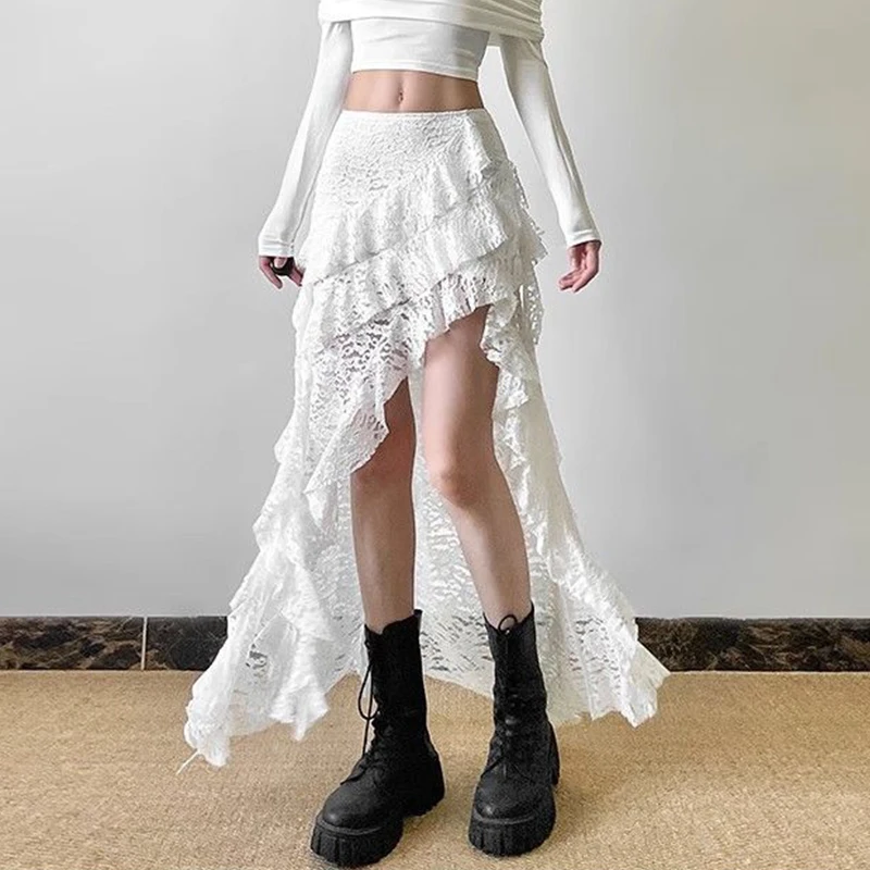 

Vintage Weird Girl Punk Style Gothic Lace Irregular Long Skirt For Women High Waist Ruffle Slit Skirt Sexy Tassel Skirt Woman