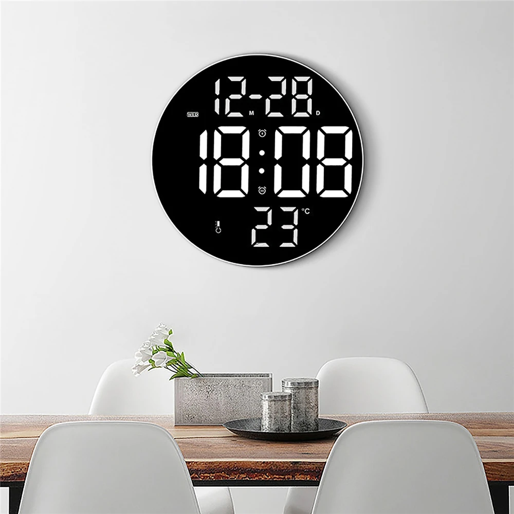 

9Inch LED Wall Clock Round Clock Temperature Date Day Display Digital Electronic Alarm Clock with Remote Control Desktop Clock