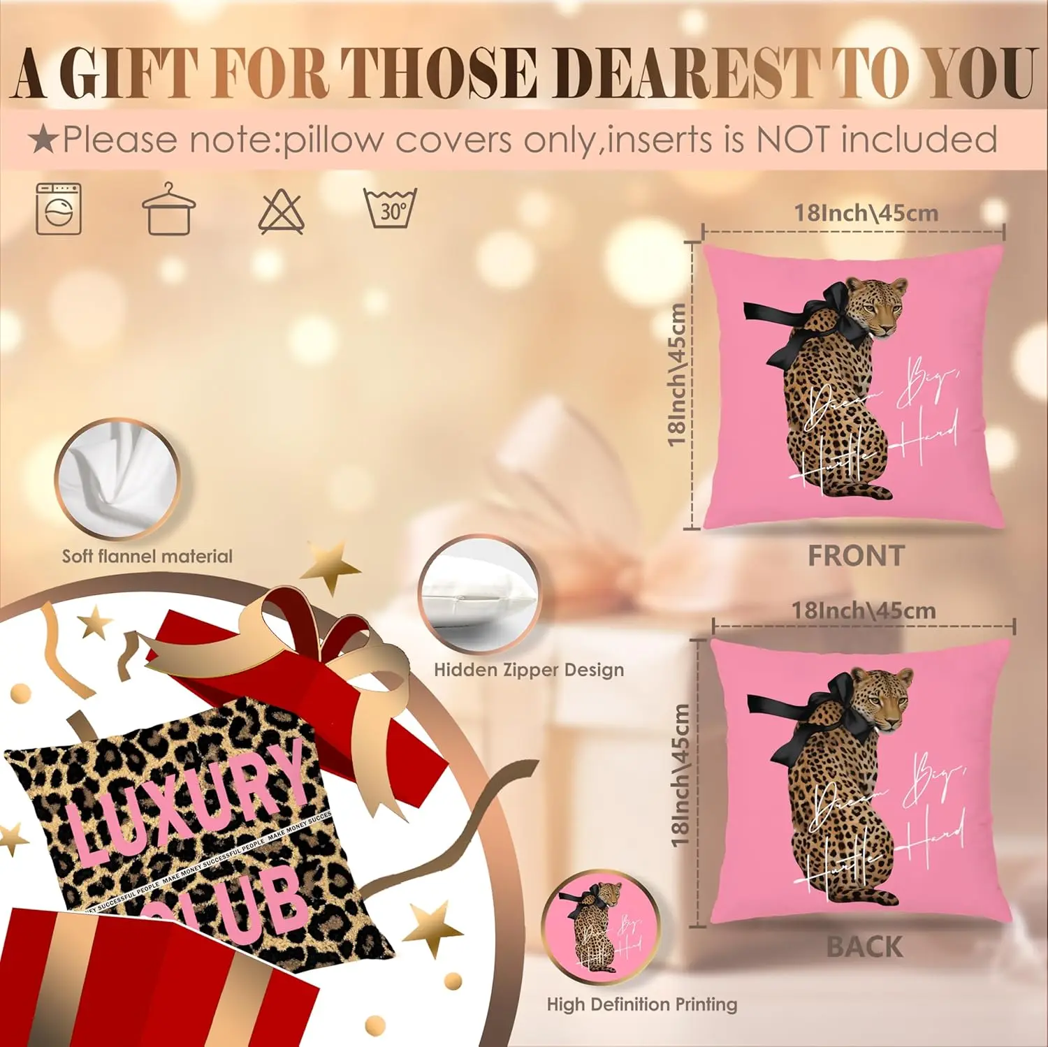 4Pcs Pink Leopard Print Throw Pillow Covers, Luxury Club and Lucky 8 Ball Cushion Cases for Living Room Bedroom Sofa Home Decor