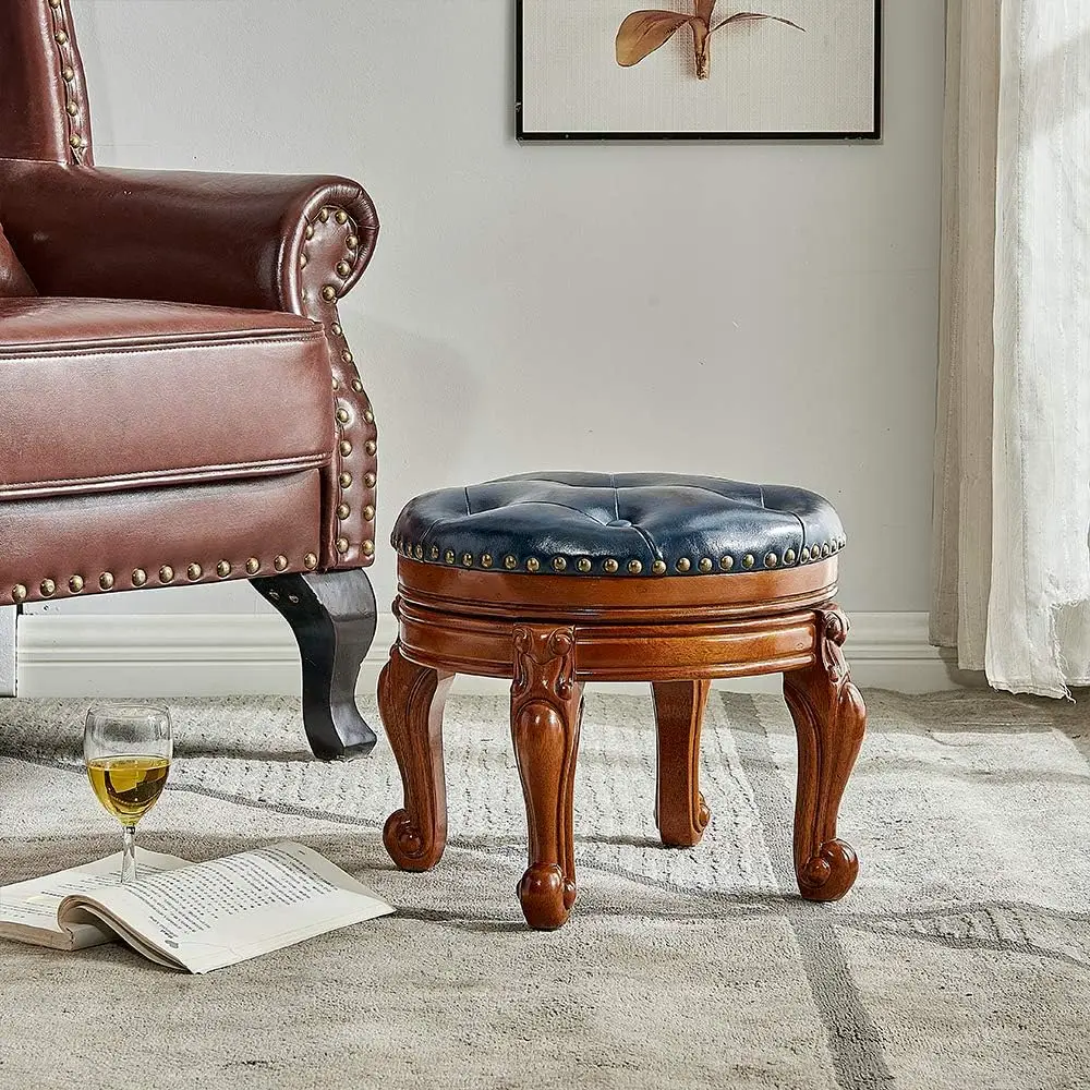 Round Microfiber Leather Ottoman Foot Stool, Mid Century Footrest Wooden Frame Sofa Seat Cushion Furniture For Space Saving Living Room Bedroom Entryway Home Decor, Dark Blue