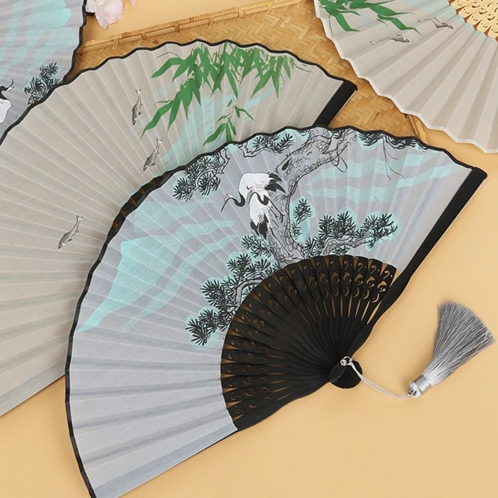 Portable 7-Inch Ancient Style Folding Fan Traditional Handmade Hand Cranked Fan Classical with Tassels Crane Handheld Fan Party