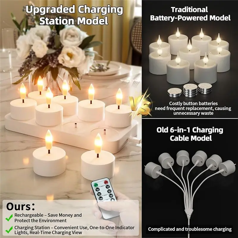 Battery Powered Rechargeable Flameless Tea Lights Candles With Charging Station 8Pcs LED Tea Light With Remote Timer Tealight