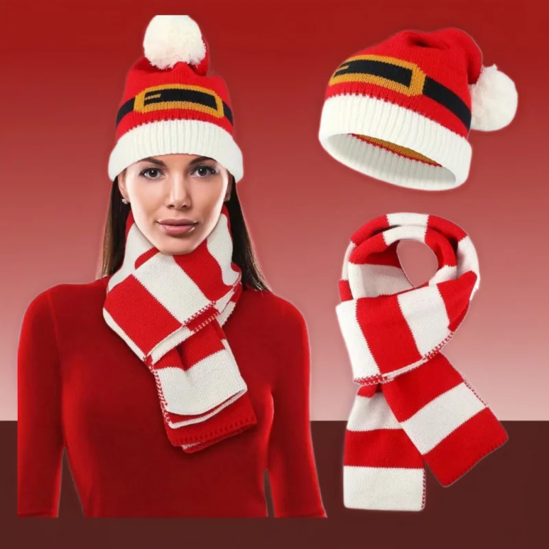 New Christmas Knitted Hat Scarf Three-Piece Set Bell Festival Decoration Red Atmosphere Striped Beanie Hats And Gloves