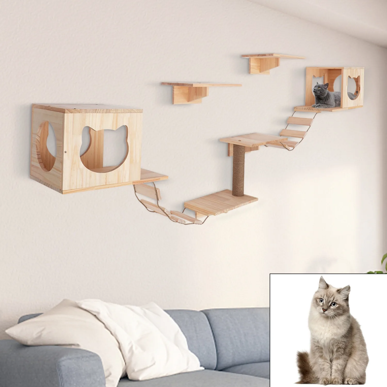 

Wall-Mounted Cat Tree Climbing Furniture Set Indoor Wall Shelf Cat House Includes 2 Litters 4 Sets 2 Ladders 1 Column