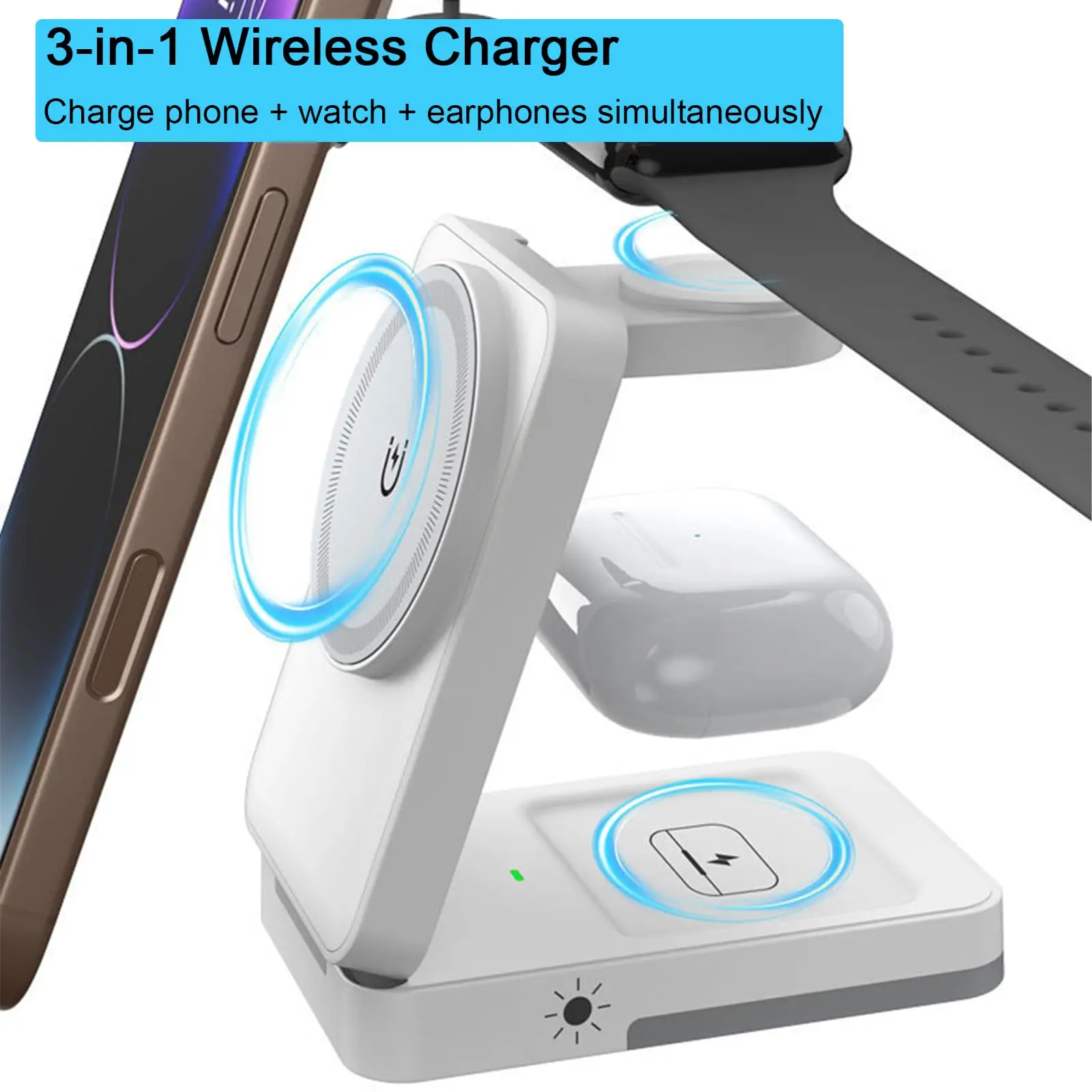3-in-1 Foldable Wireless Charger 15W Magnetic Induction Charger Portable Travel Fast Charging Station for iPhone Watch Earphones view 2