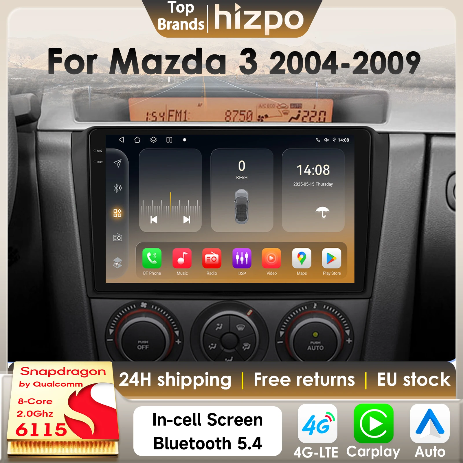 Hizpo 8G 128G Autoradio Autoradio Per Mazda 3 2004-2009 Lettore Multimediale GPS Wireless CarPlay Android Auto 4G di Snapdragon6115