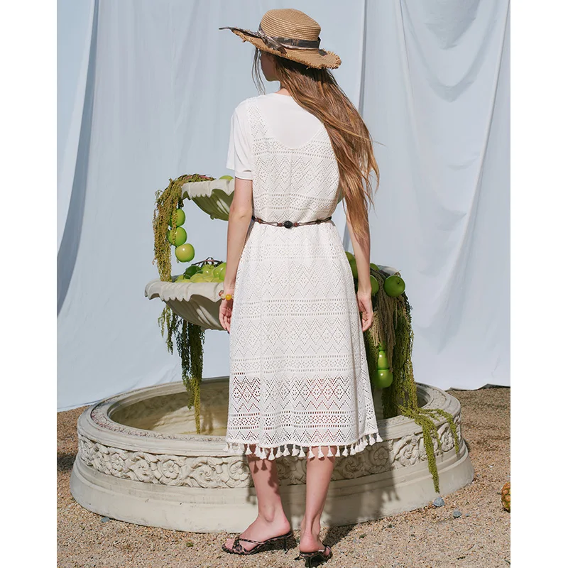 ELFSACK Women's T-Shirt with Hollow Out Lace Dress Set, Basic White Short Sleeve Tee and Crochet Slip Dress, Boho Suit view 5
