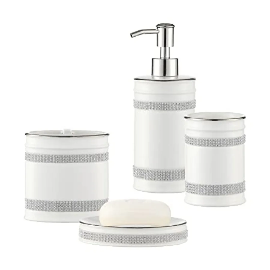 

Bathroom Accessories Set 4-Piece Ceramic with Lotion Dispenser Soap Pump Tumbler Soap Dish Toothbrush Holder Rhinestones White