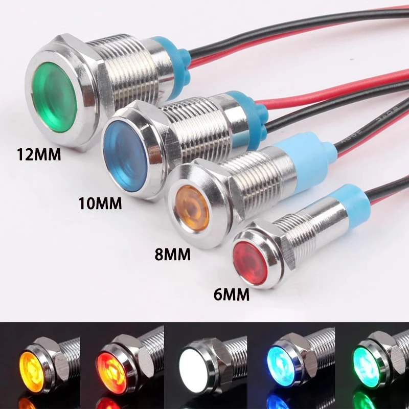 LED金属製警告灯,ケーブル付き信号灯,赤,青,白,黄色,緑,オレンジ,パイロット,5v,12v,110v,220v,6mm 8mm、10mm、12mm
