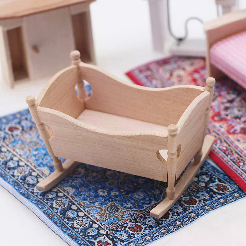 1:12 Dollhouse Miniature Wooden Baby Cardle Bed Pretend Play Furniture Decoration For Kids view 3