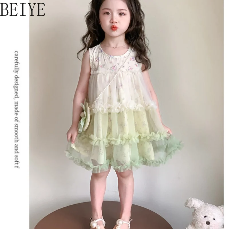 Round Neck Sleeveless A-line Dress Girls Flower Print Gradient Color Ruffle Tiered Tulle Dress Children Garden Photo Party Dress