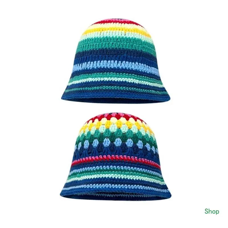 

Dropship Sweet Girls Crochet Stripe Pattern Bucket Hat Ladies Fisherman Color Matching Woman Teens Casual Sunproof Hat