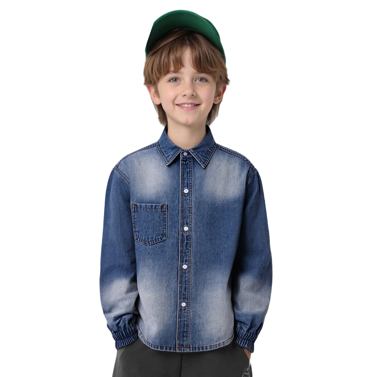 

Kids Boys Shirt Denim Jacket Casual Clothing Outwear Long-Sleeve Elastic Cuffs Turn-Down Collar Button-Down Coat Top with Pocket