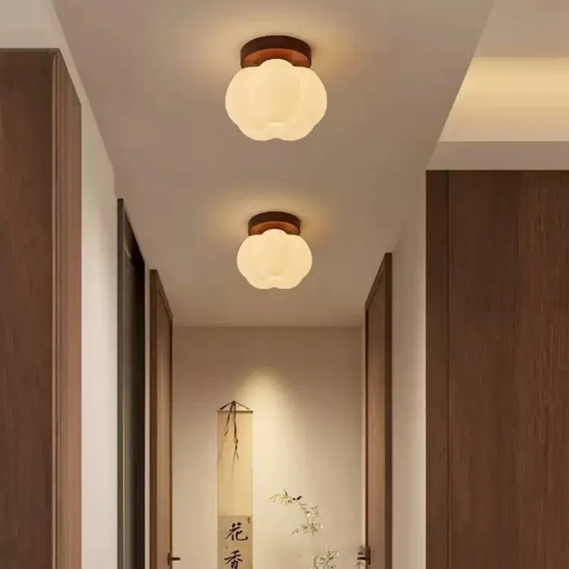 ABLK White Cloud Shape Forstated PE Shade Ceiling Light Fixture Wood Base Semi Flush Mount For Hallway Entryway Balcony
