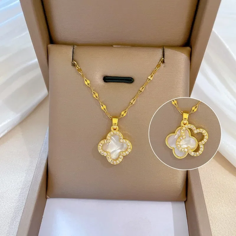 New diamond-encrusted double-sided four-leaf clover necklace with feminine charm and a shell collarbone chain for girls 9527