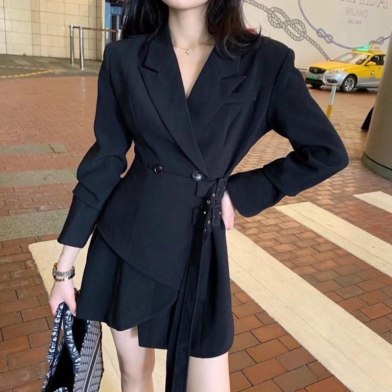 Korean Elegant Luxury Womens Vestidos Kuromi Dress for Women with Belt Vintage Blazer Short Dress Black Spring Autumn New Trench