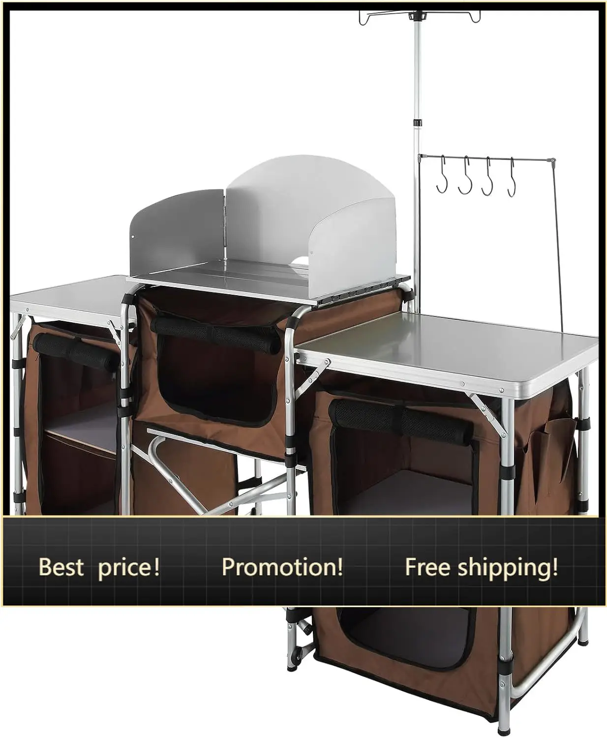 Camping Kitchen Table, Folding Outdoor Cooking Table with Storage Carrying Bag, Aluminum Cook Station 3 Cupboard & Detachable Wi