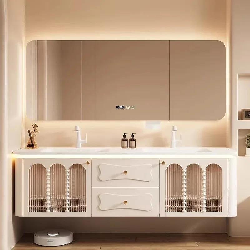 Luxury Led Light Bathroom Cabinet Modern Mirror Floating Space Saver Toilet Cabinet Storage Vanity Mobiletto Bagno Furniture