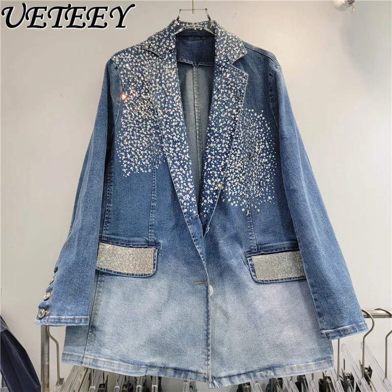 

Spring Autumn New Ladies Elegant High Sense Rhinestone Denim Suit Jacket Women's Fashion Long Sleeve Casual Loose Coat