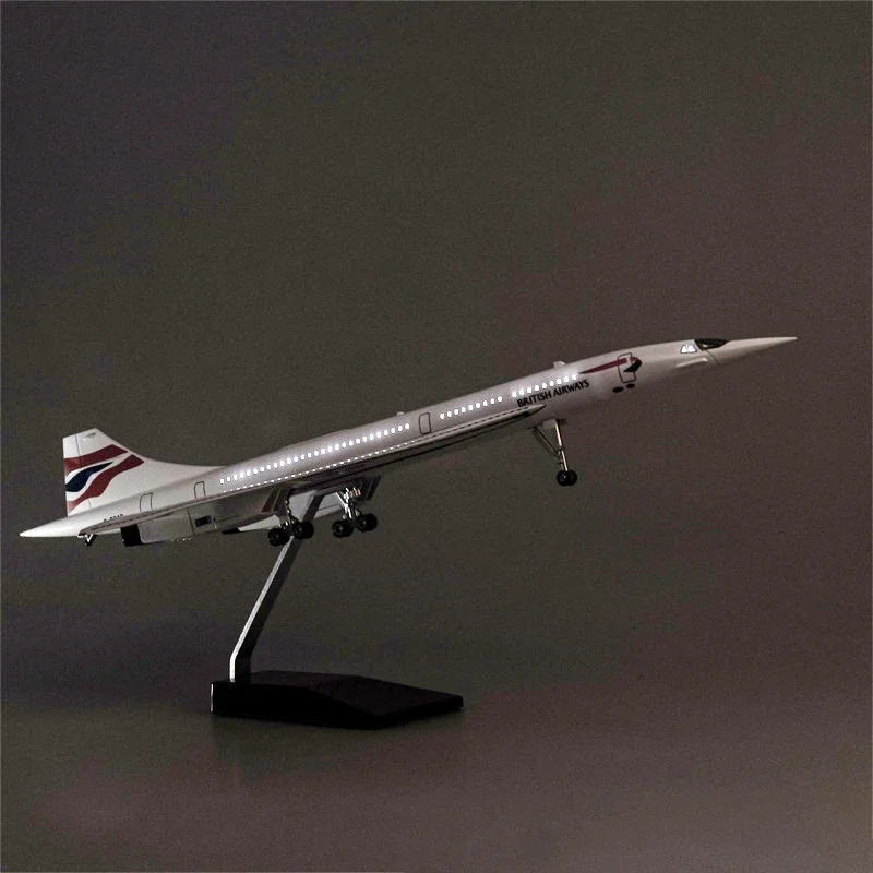 50CM 1/125 Scale Plane Concorde Air British Airways Airline Airplane Resin Aircraft with Lights Landing Gears Model Home Decor