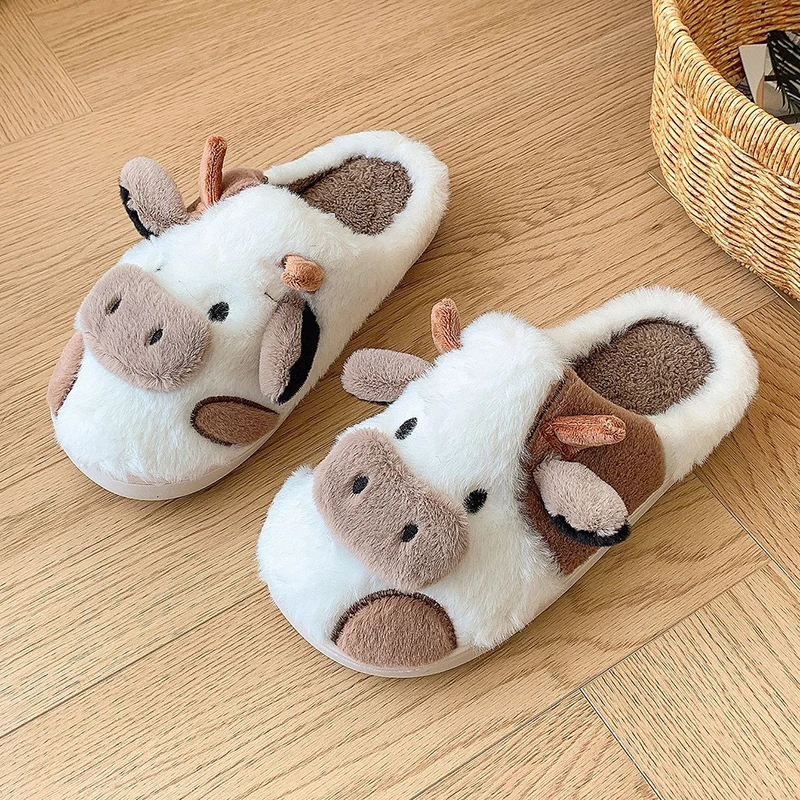

Winter Fluffy Women's Slippers Flats Cute Cartoon Cow Designer Shoes Girls Home New Casual Platform Fuzzy Fur Slides Soft Sole