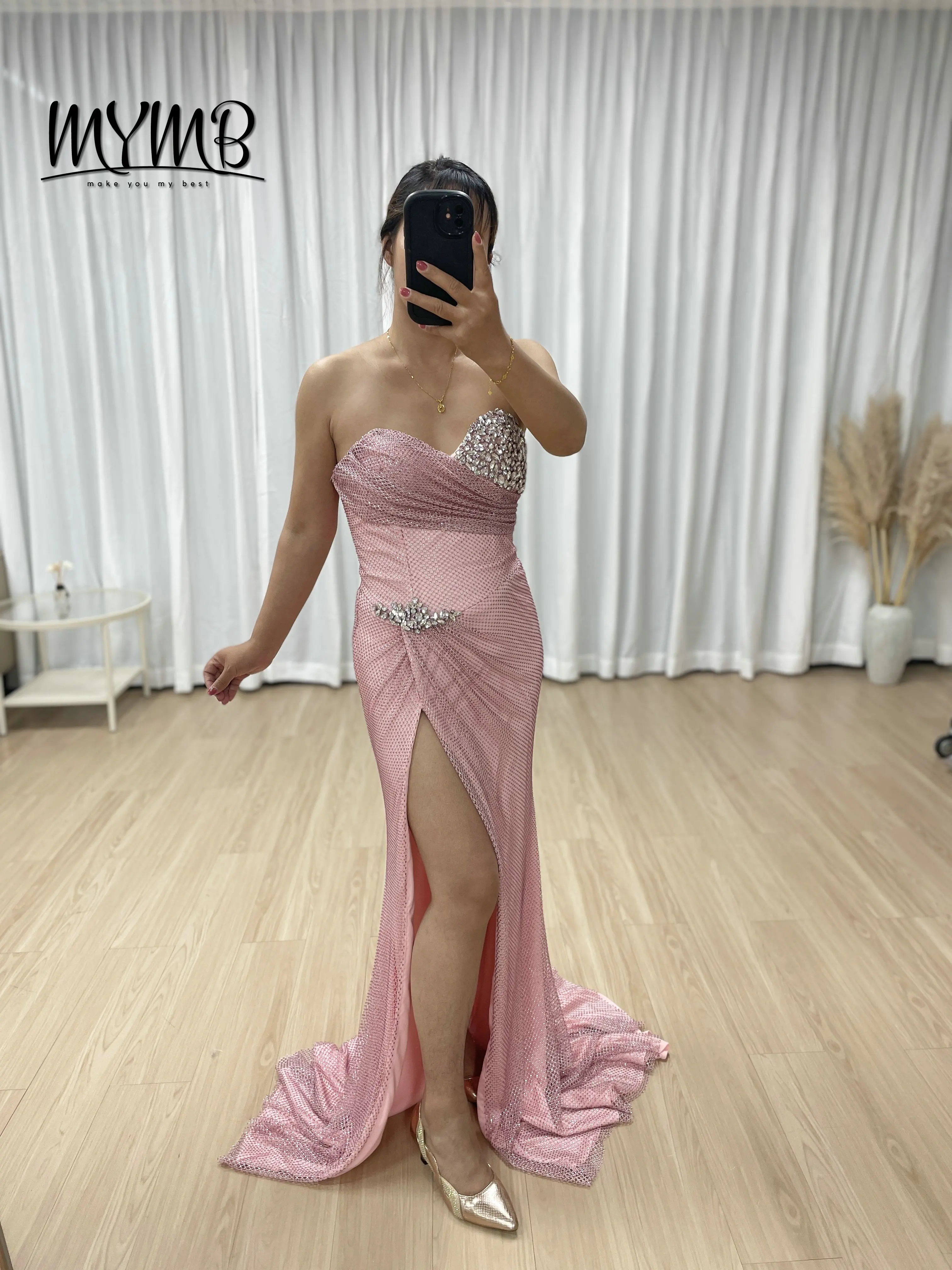

MYMB Fashionable Ruched Waist Off Shoulder Sweetheart Neck High Split Evening Dresses With Dazzling Diamond for Party MB40402