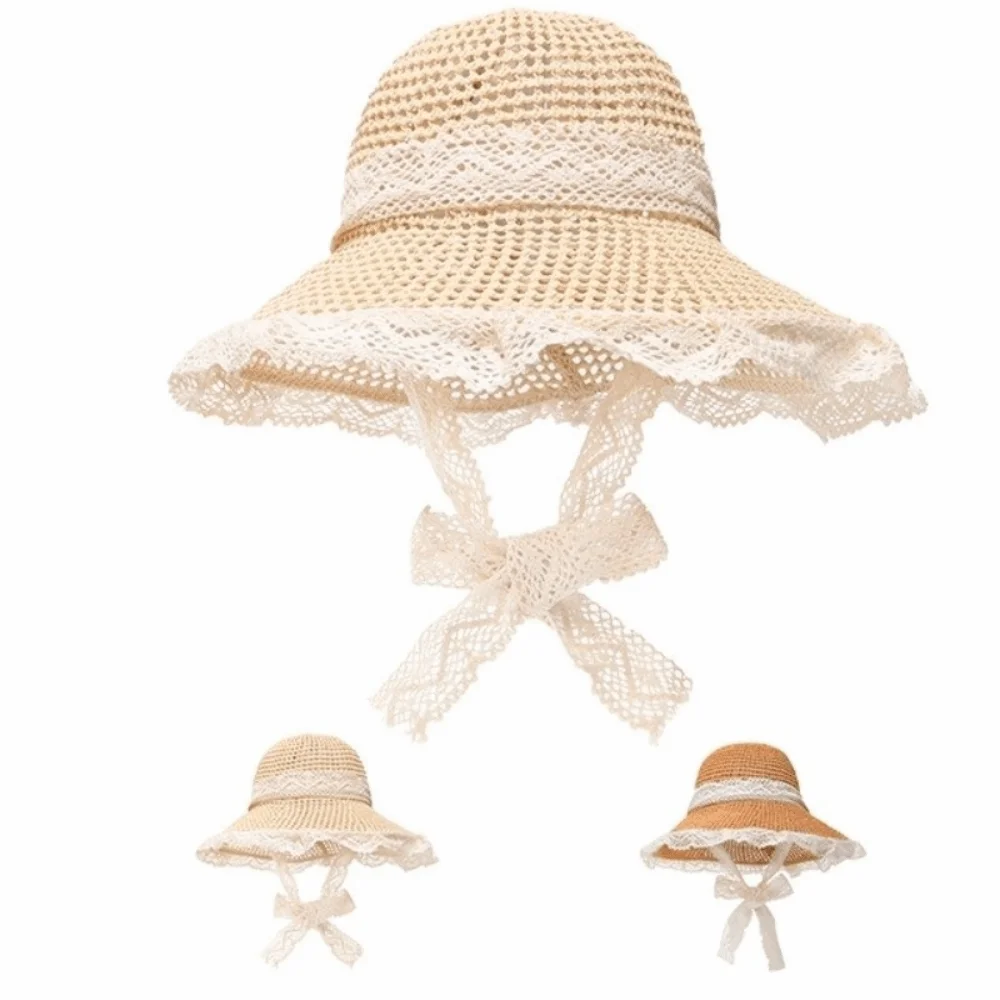 

New Foldable Straw Sun Hat Breathable Sun Protection Wide Brim Hat Cute Strap Sunscreen Cap Outdoor Activities