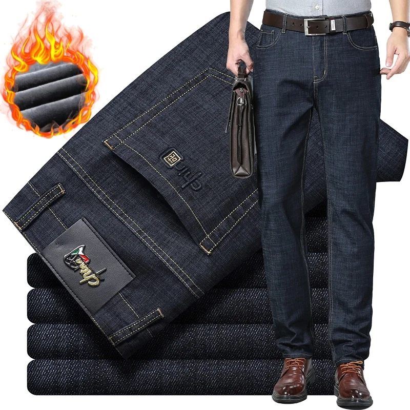 

Брендовые мужские джинсы, зимние флисовые утолщенные теплые брюки, модные деловые повседневные бархатные прямые брюки, классическая мужская одежда