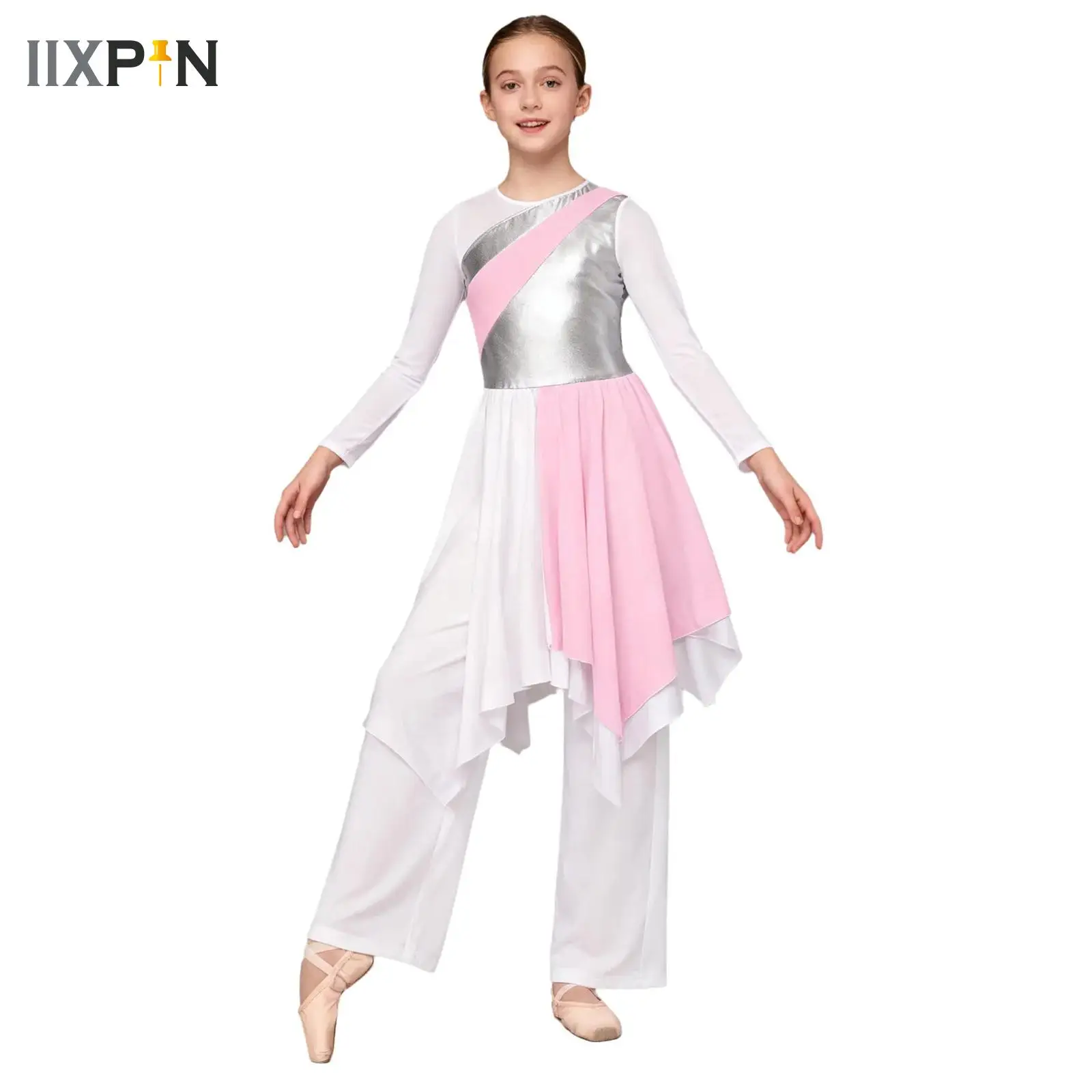 

Girls Metallic Block Long Sleeve Praise Dance Dress for Girl Worship Liturgical Praise Costumes with Wide-Leg Pants Performance