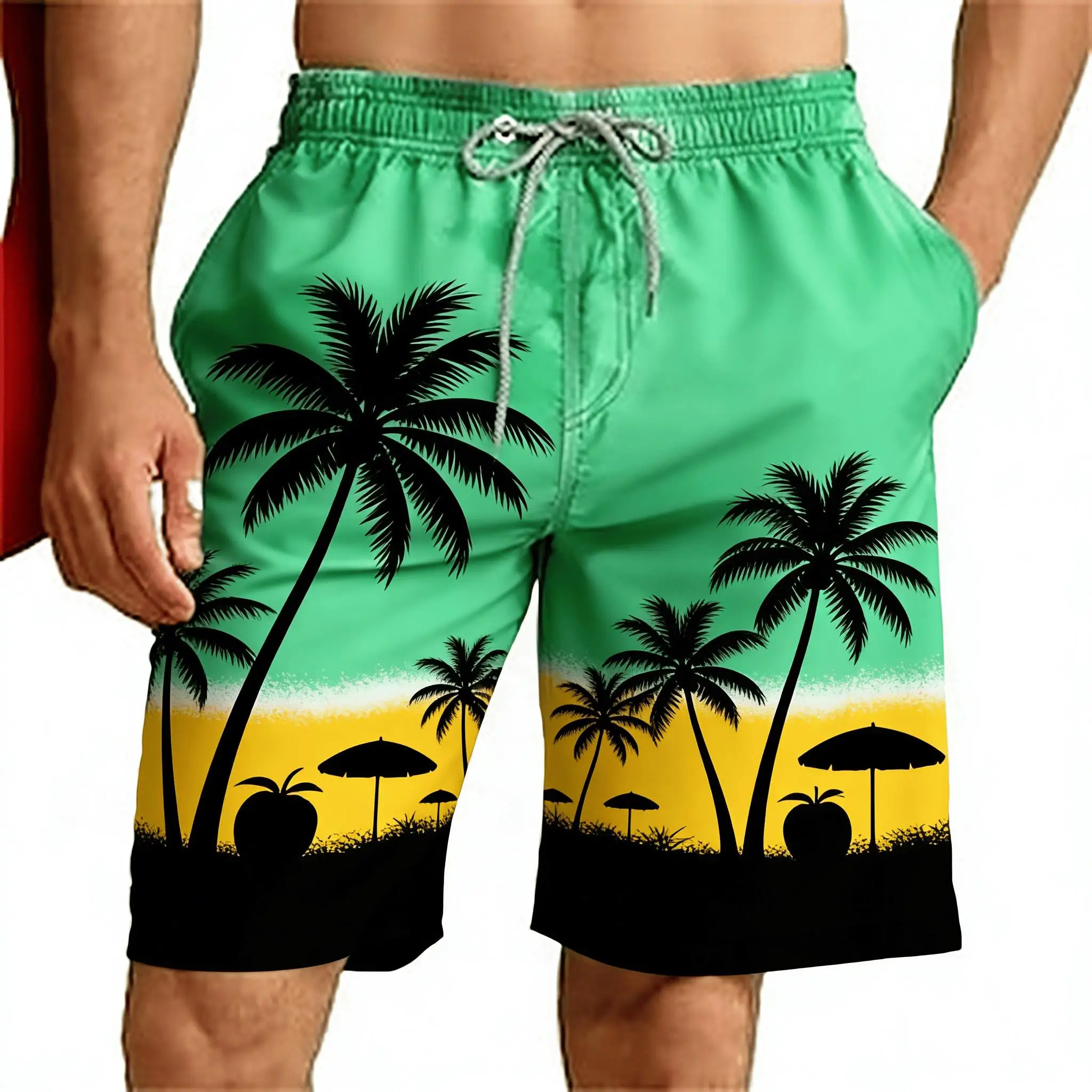Men's Green-Yellow Gradient Coconut Beach Print Drawstring Shorts, Summer Tropical Vacation Casual Shorts, Pocket Beach Shorts