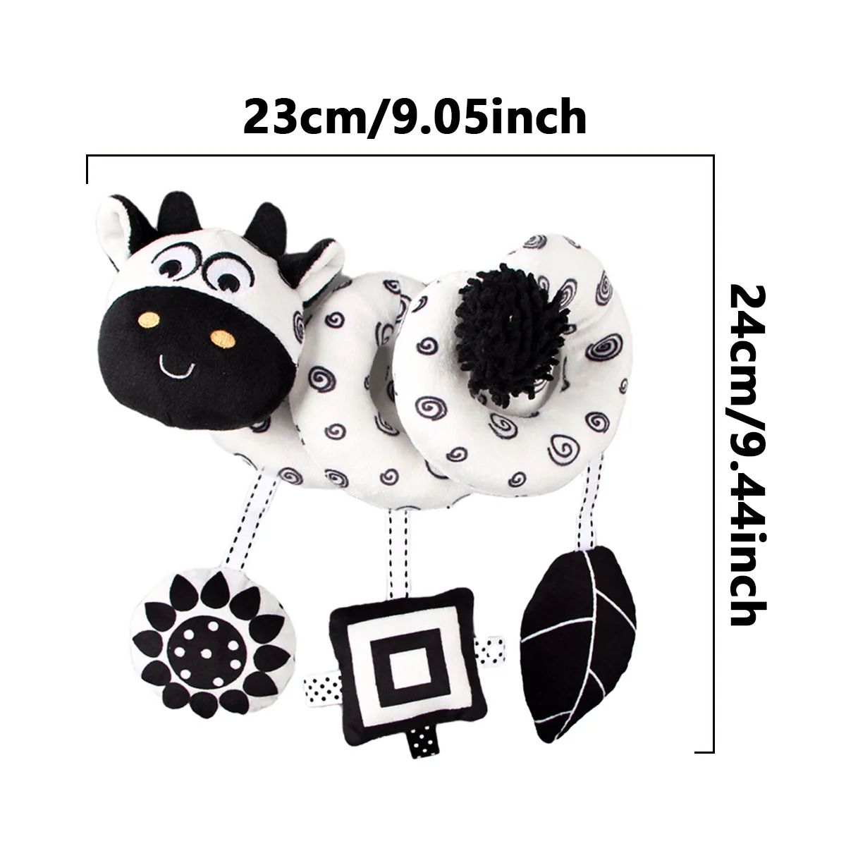 Simpatici giocattoli per bambini con seggiolino auto a spirale per mucca in bianco e nero, attività per carrozzina per passeggino, giocattoli appesi, giocattolo sensoriale ad alto contrasto