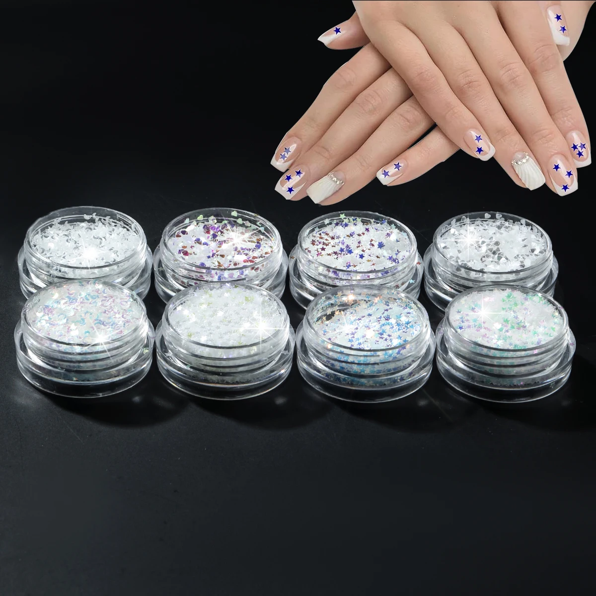 8Bottle 1MM MINI Highlight Shine Heart Shape, Moon, Shape Nail Glitte,Colorful Nails Sequins,  Up DIY Nail Glitte Decorations