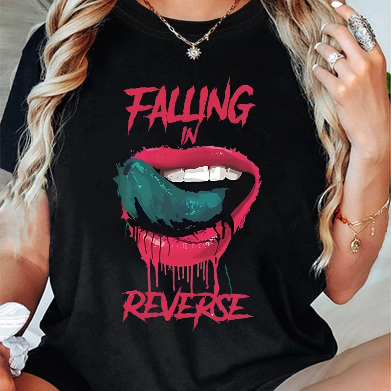 

Summer Ladies Reverse Pattern T-Shirt Bold Red with Pink Dripping Lips Short Sleeve Crew Neck Casual Fit All Season