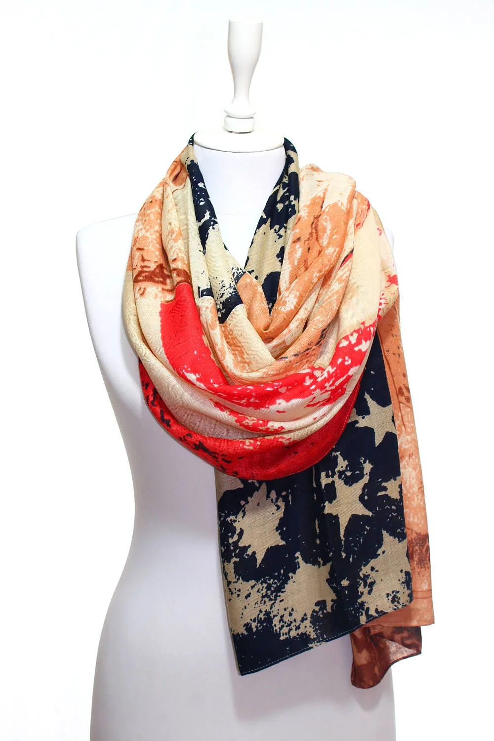 Fashion American Flag Oblong Scarfs Patriotic Stars Print Shawl Voile Soft Wrap Geometric Stripes Scarf