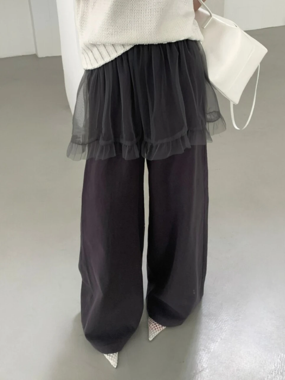 5Colors Korea Chic Style Faux Two Pieces Mesh Patch Trousers High Elastic Waist Wid Leg PantsSimple Vintage female(T08836
