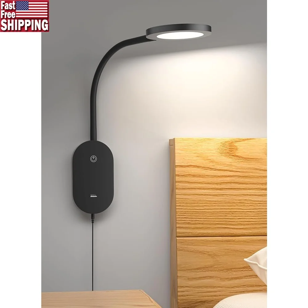 

LED Wall Mounted Reading Light with USB Output Auto-Off Timer Eye-Caring Dimmable Bedside Lamp Adjustable Gooseneck Night Light