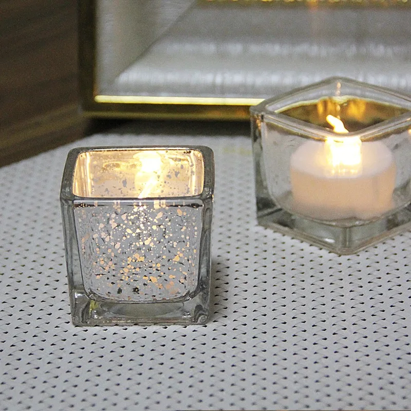 Candle Holders Electroplated Speckled 5cm Glass Candle Holder Romantic Small Square Candle Cup Silver