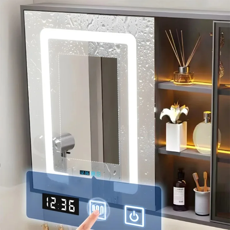 Nowoczesny szary zestaw mebli łazienkowych do montażu na ścianie z kamiennym blatem, ceramicznym umywalką, inteligentnym lustrem i kombinacją baterii.