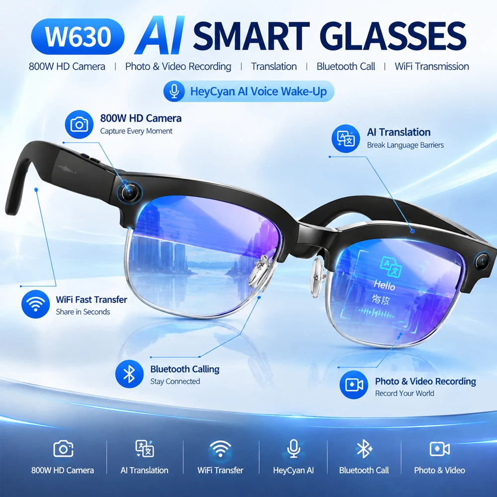 W630 HeyCyan AI Voice Wake-Up AI Translation 800W HD Camera Smart Glasses Bluetooth Call Optical Image Stabilization Sunglasses