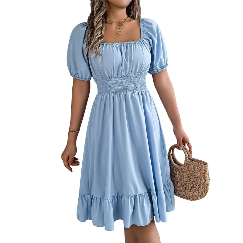 【SEE】Women's Boho Summer Square Neck Puff Sleeve Off Shoulder Smocked Tiered Casual A Line Short Mini Dress