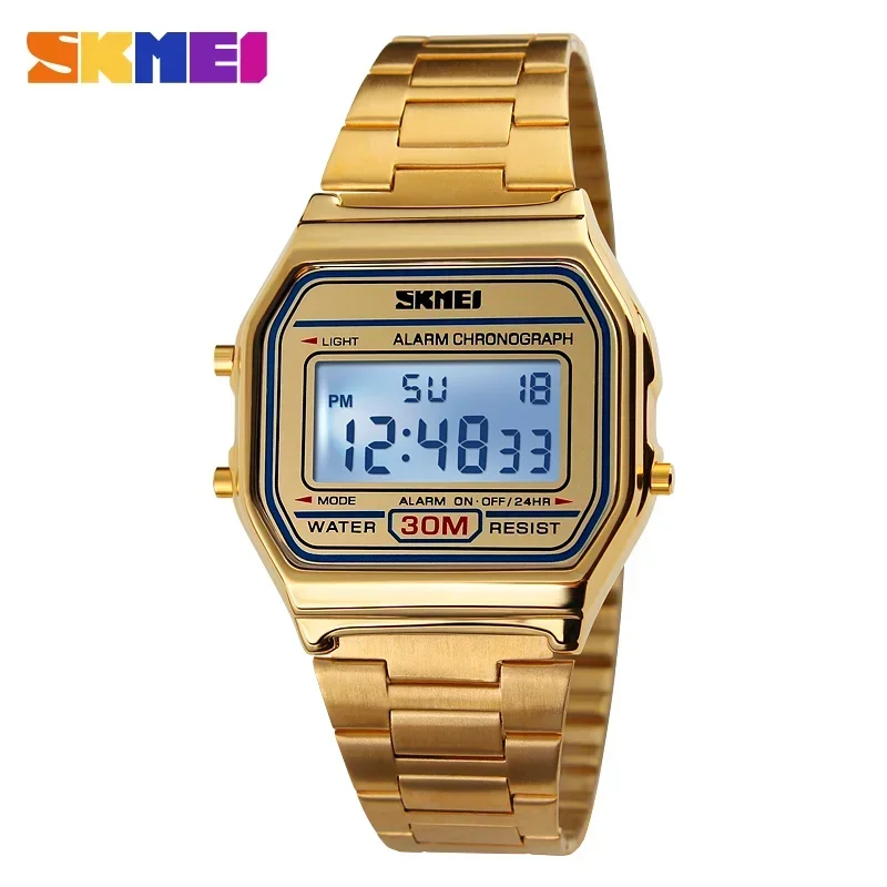 SKMEI 1123 Luxury Digital Watch for Men Retro Stainless Steel Electron Sports Waterproof Wristwatches Clock 1328 Reloj Hombre