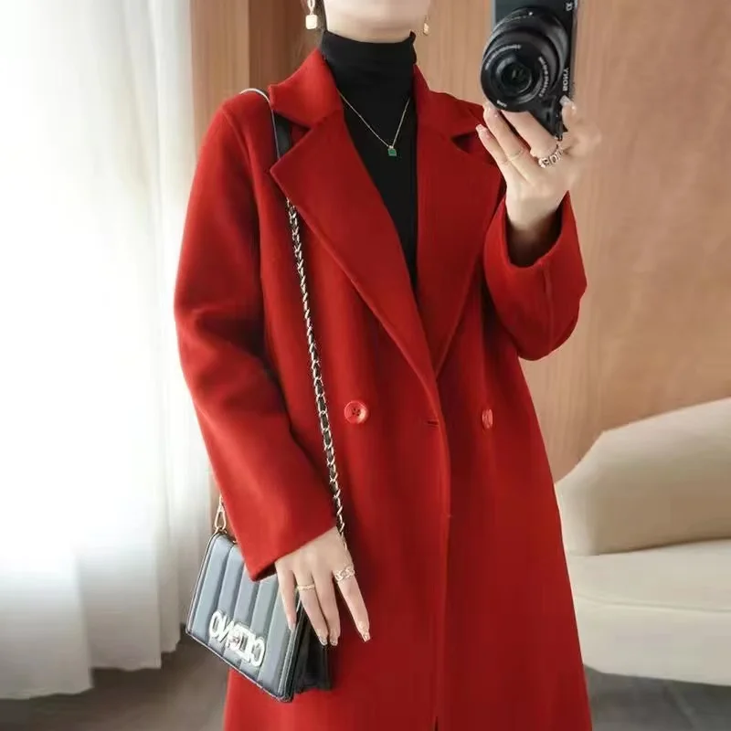 2024 Autumn 100% Double Sided Cashmere Coat Women\'s Winter New Slim Temperament Wool Coats Solid Casual Female Long Overcoat