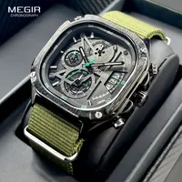 Reloj MEGIR de cuarzo negro para hombre, reloj de pulsera con esfera cuadrada resistente al agua y cronógrafo, correa de acero inoxidable, manecillas luminosas, fecha automática