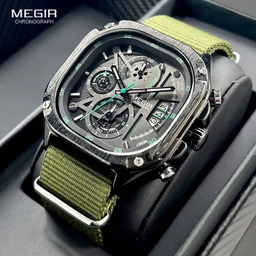 Reloj MEGIR de cuarzo negro para hombre, reloj de pulsera con esfera cuadrada resistente al agua y cronógrafo, correa de acero inoxidable, manecillas luminosas, fecha automática