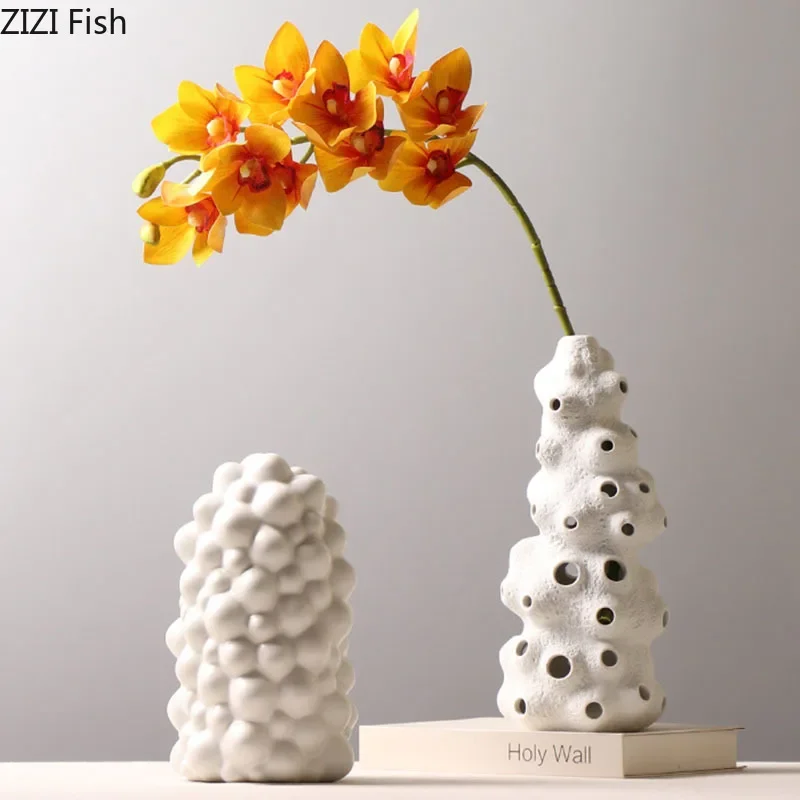 Creative Wind Tunnel Ceramics Vases Artificial Flowers Flower Arrangement Desk Decoration White Coral Porcelain Vase Home Decor