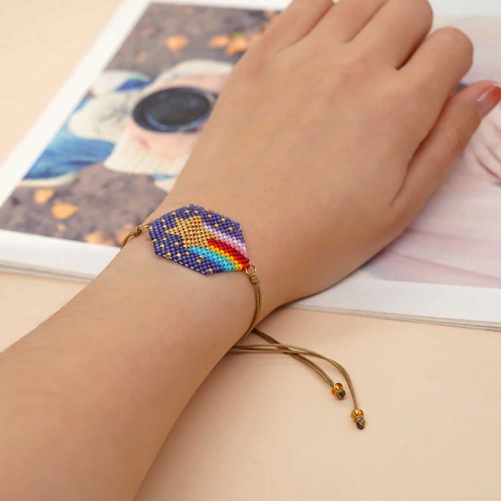 ZGMXR Rice bead bracelet Original  Hexagon Geometry Adjustable Bohemia Fashion Hand-woven Rainbow Gradient color Beaded bracelet