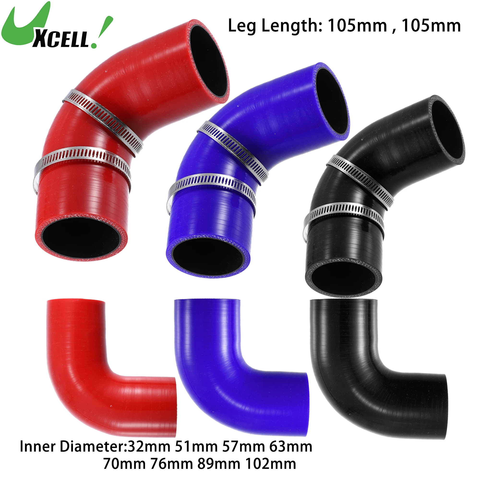 UXCELL 32mm 51mm 57mm 63mm 70mm 76mm ID 90 Degree Silicone Reducer Hose Set Silicone Hose Coupler Intercooler Tube w/ Clamp