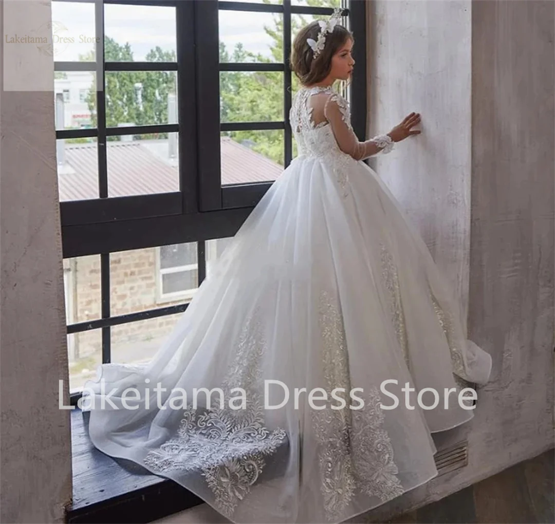 

Lace Elegant Flower Girl Dress for Wedding O-neck Long Sleeves Tulle Kids First Communion Birthday Party Ball Gowns